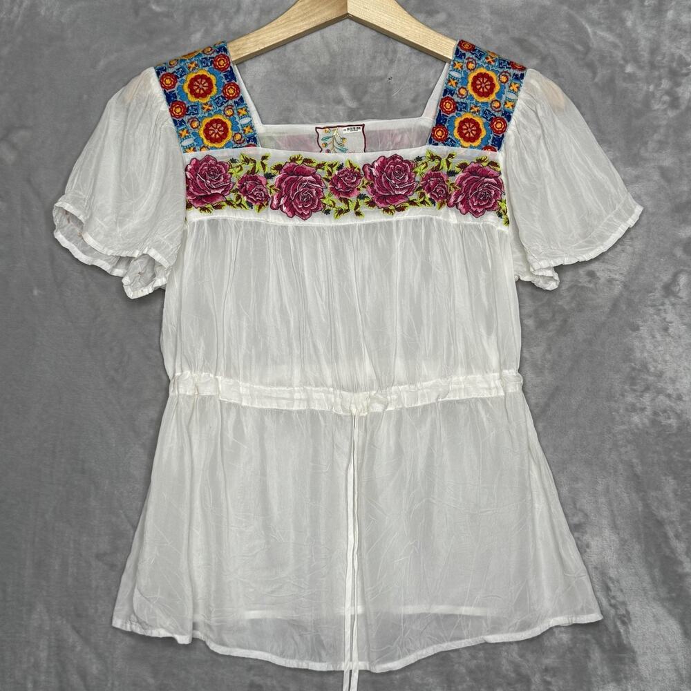 Johnny Was Blouse Womens XS White Embroidered Floral Boho Sheer Rayon Top
